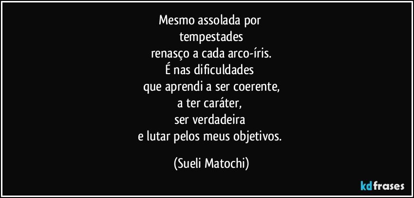 Mesmo assolada por 
tempestades
renasço a cada arco-íris.
É nas dificuldades 
que aprendi a ser coerente,
a ter caráter, 
ser verdadeira 
e lutar pelos meus objetivos. (Sueli Matochi)