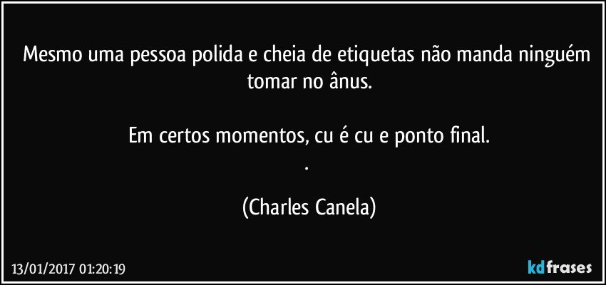 Mesmo uma pessoa polida e cheia de etiquetas não manda ninguém tomar no ânus.

Em certos momentos, cu é cu e ponto final.
. (Charles Canela)