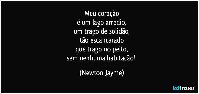 Meu coração
é um lago arredio,
um trago de solidão,
tão escancarado
que trago no peito,
sem nenhuma habitação! (Newton Jayme)