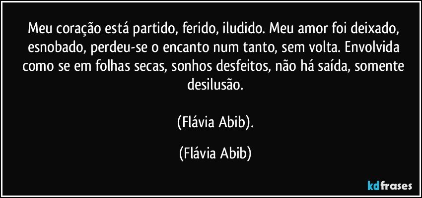 Meu coração está partido, ferido, iludido. Meu amor foi deixado, esnobado, perdeu-se o encanto num tanto, sem volta. Envolvida como se em folhas secas, sonhos desfeitos, não há saída, somente desilusão.

 (Flávia Abib). (Flávia Abib)