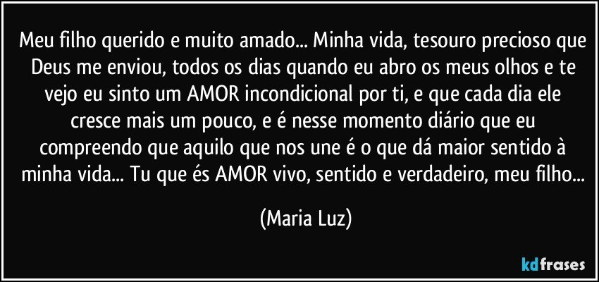 Meu filho querido e muito amado... Minha vida, tesouro precioso que Deus me enviou, todos os dias quando eu abro os meus olhos e te vejo eu sinto um AMOR incondicional por ti, e que cada dia ele cresce mais um pouco, e é nesse momento diário que eu compreendo que aquilo que nos une é o que dá maior sentido à minha vida... Tu que és AMOR vivo, sentido e verdadeiro, meu filho... (Maria Luz)