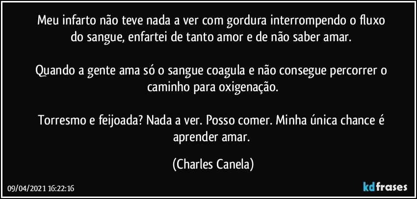 Meu infarto não teve nada a ver com gordura interrompendo o fluxo do sangue, enfartei de tanto amor e de não saber amar. 

Quando a gente ama só o sangue coagula e não consegue percorrer o caminho para oxigenação.

Torresmo e feijoada? Nada a ver. Posso comer. Minha única chance é aprender amar. (Charles Canela)