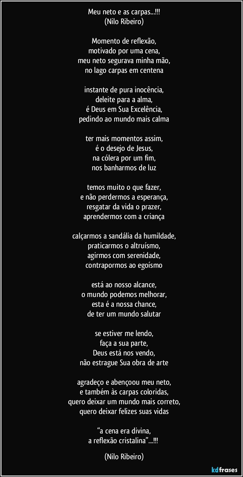 Meu neto e as carpas...!!!
(Nilo Ribeiro)

Momento de reflexão,
motivado por uma cena,
meu neto segurava minha mão,
no lago carpas em centena

instante de pura inocência,
deleite para a alma,
é Deus em Sua Excelência,
pedindo ao mundo mais calma

ter mais momentos assim,
é o desejo de Jesus,
na cólera por um fim,
nos banharmos de luz

temos muito o que fazer,
e não perdermos a esperança,
resgatar da vida o prazer,
aprendermos com a criança

calçarmos a sandália da humildade,
praticarmos o altruísmo,
agirmos com serenidade,
contrapormos ao egoísmo

está ao nosso alcance,
o mundo podemos melhorar,
esta é a nossa chance,
de ter um mundo salutar

se estiver me lendo,
faça a sua parte,
Deus está nos vendo,
não estrague Sua obra de arte

agradeço e abençoou meu neto,
e também às carpas coloridas,
quero deixar um mundo mais correto,
quero deixar felizes suas vidas

“a cena era divina,
a reflexão cristalina”...!!! (Nilo Ribeiro)