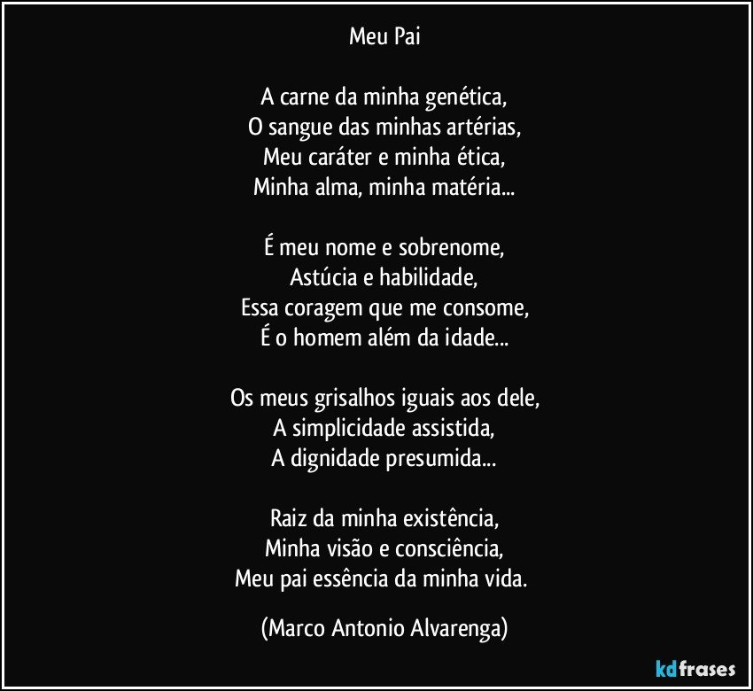 Meu Pai

A carne da minha genética,
O sangue das minhas artérias,
Meu caráter e minha ética,
Minha alma, minha matéria...

É meu nome e sobrenome,
Astúcia e habilidade,
Essa coragem que me consome,
É o homem além da idade...

Os meus grisalhos iguais aos dele,
A simplicidade assistida,
A dignidade presumida...

Raiz da minha existência,
Minha visão e consciência,
Meu pai essência da minha vida. (Marco Antonio Alvarenga)