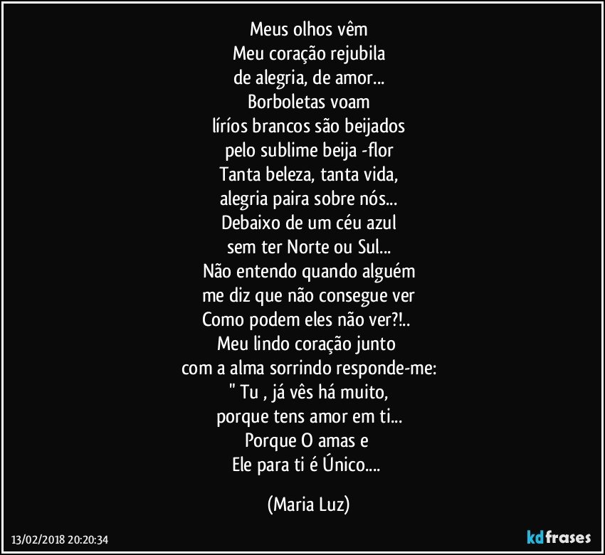 Meus olhos vêm
Meu coração rejubila
de alegria, de amor...
Borboletas voam
líríos brancos são beijados
pelo sublime beija -flor
Tanta beleza, tanta vida,
alegria paira sobre nós...
Debaixo de um céu azul
sem ter Norte ou Sul...
Não entendo quando alguém
me diz que não consegue ver
Como podem eles não ver?!.. 
Meu lindo coração junto 
com a alma sorrindo responde-me:
" Tu , já vês há muito,
porque tens amor em ti...
Porque O amas e 
Ele para ti é Único... (Maria Luz)