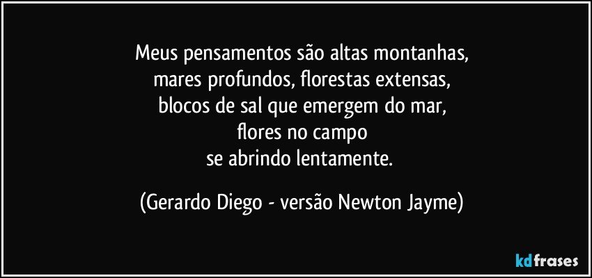 Meus pensamentos são altas montanhas,
mares profundos, florestas extensas,
blocos de sal que emergem do mar,
flores no campo
se abrindo lentamente. (Gerardo Diego - versão Newton Jayme)