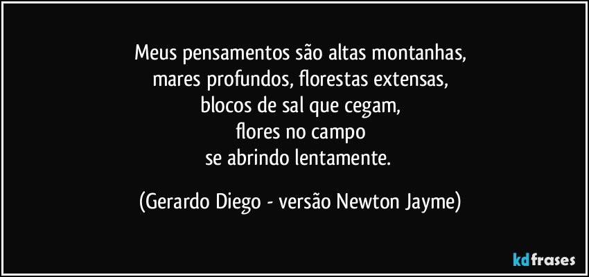 Meus pensamentos são altas montanhas,
mares profundos, florestas extensas,
blocos de sal que cegam,
flores no campo
se abrindo lentamente. (Gerardo Diego - versão Newton Jayme)