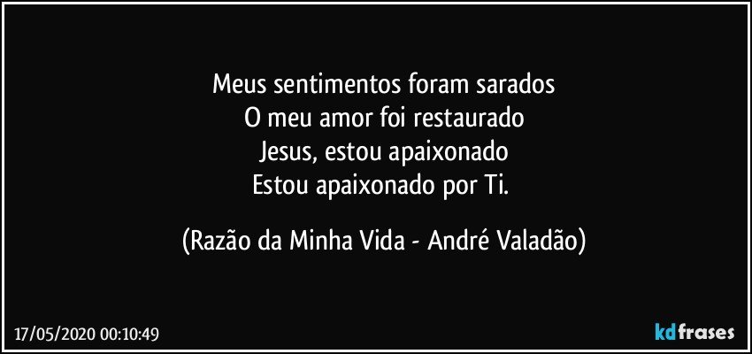 Meus sentimentos foram sarados
O meu amor foi restaurado
Jesus, estou apaixonado
Estou apaixonado por Ti. (Razão da Minha Vida - André Valadão)