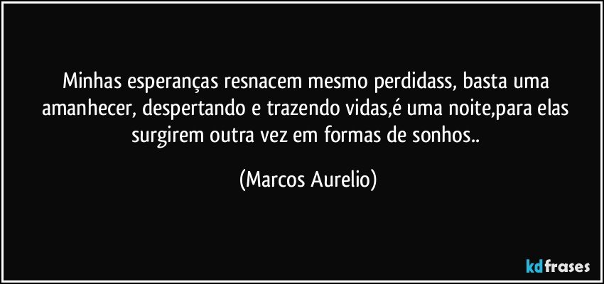 Minhas esperanças resnacem mesmo perdidass, basta uma amanhecer, despertando e trazendo vidas,é uma noite,para elas surgirem outra vez em formas de sonhos.. (Marcos Aurelio)