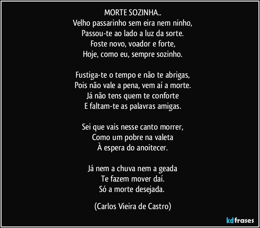 MORTE SOZINHA..
Velho passarinho sem eira nem ninho,
Passou-te ao lado a luz da sorte.
Foste novo, voador e forte,
Hoje, como eu, sempre sozinho.

Fustiga-te o tempo e não te abrigas,
Pois não vale a pena, vem aí a morte.
Já não tens quem te conforte
E faltam-te as palavras amigas.

Sei que vais nesse canto morrer,
Como um pobre na valeta
À espera do anoitecer.

Já nem a chuva nem a geada
Te fazem mover daí.
Só a morte desejada. (Carlos Vieira de Castro)