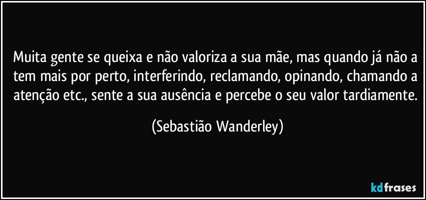 Muita gente se queixa e não valoriza a sua mãe, mas quando já não a tem mais por perto, interferindo, reclamando, opinando, chamando a atenção etc., sente a sua ausência e percebe o seu valor tardiamente. (Sebastião Wanderley)