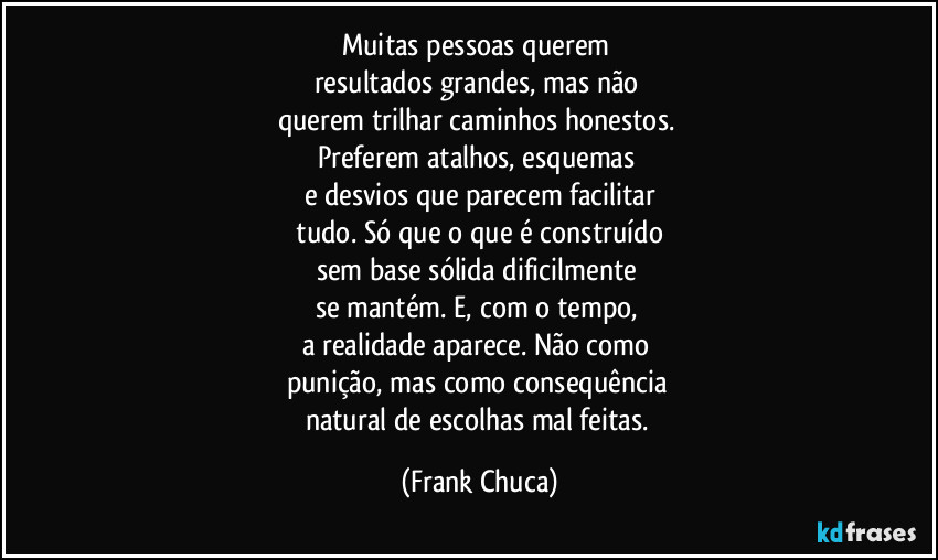 Muitas pessoas querem 
resultados grandes, mas não 
querem trilhar caminhos honestos. 
Preferem atalhos, esquemas 
e desvios que parecem facilitar
 tudo. Só que o que é construído 
sem base sólida dificilmente 
se mantém. E, com o tempo, 
a realidade aparece. Não como 
punição, mas como consequência 
natural de escolhas mal feitas. (Frank Chuca)