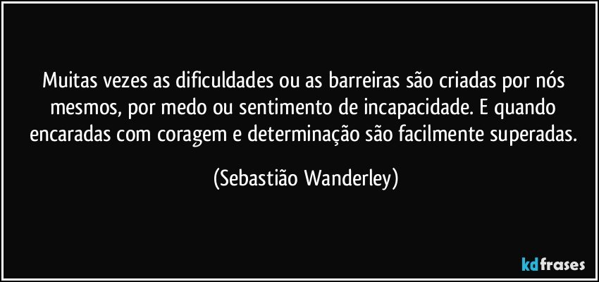 Muitas vezes as dificuldades ou as barreiras são criadas por nós mesmos, por medo ou sentimento de incapacidade. E quando encaradas com coragem e determinação são facilmente superadas. (Sebastião Wanderley)