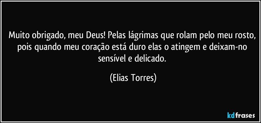 Muito obrigado, meu Deus! Pelas lágrimas que rolam pelo meu rosto, pois quando meu coração está duro elas o atingem e deixam-no sensível e delicado. (Elias Torres)