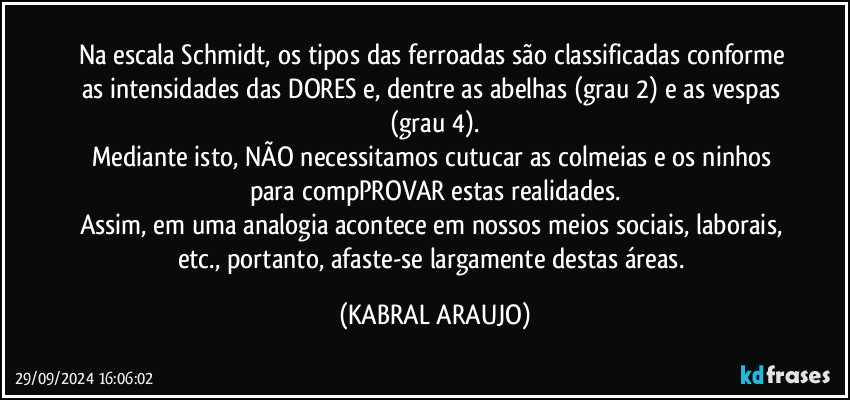 Na escala Schmidt, os tipos das ferroadas são classificadas conforme as intensidades das DORES e, dentre as abelhas (grau 2) e as vespas (grau 4).
Mediante isto, NÃO necessitamos cutucar as colmeias e os ninhos para compPROVAR estas realidades.
Assim, em uma analogia acontece em nossos meios sociais, laborais, etc., portanto, afaste-se largamente destas áreas. (KABRAL ARAUJO)