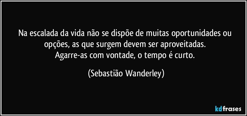 Na escalada da vida não se dispõe de muitas oportunidades ou opções, as que surgem devem ser aproveitadas.  
Agarre-as com vontade, o tempo é curto. (Sebastião Wanderley)