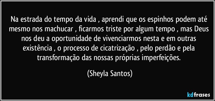 Na estrada do tempo da vida , aprendi que os espinhos podem até mesmo nos machucar , ficarmos triste por algum tempo , mas Deus nos deu a oportunidade de vivenciarmos nesta e em outras existência , o processo de cicatrização , pelo perdão e pela transformação das nossas próprias imperfeições. (Sheyla Santos)