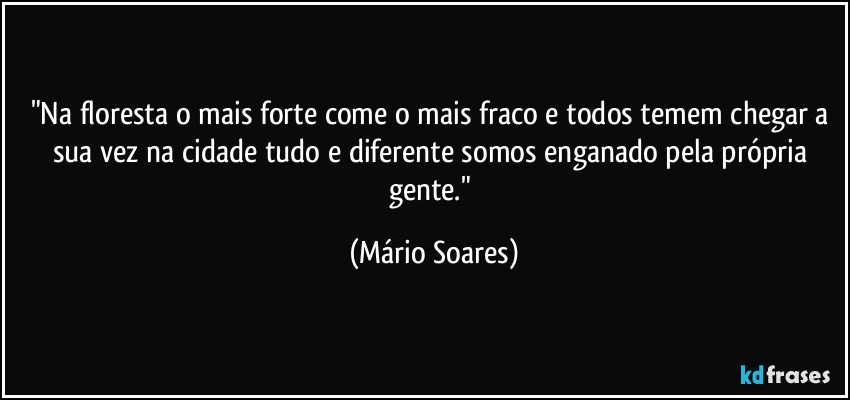 "Na floresta o mais forte come o mais fraco e todos temem chegar a sua vez na cidade tudo e diferente somos enganado pela própria gente." (Mário Soares)