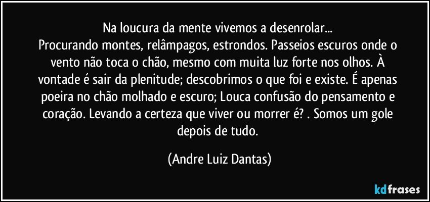Na loucura da mente vivemos a desenrolar... 
Procurando montes, relâmpagos, estrondos. Passeios escuros onde o vento não toca o chão, mesmo com muita luz forte nos olhos. À vontade é sair da plenitude; descobrimos o que foi e existe. É apenas poeira no chão molhado e escuro; Louca confusão do pensamento e coração. Levando a certeza que viver ou morrer é? . Somos um gole depois de tudo. (Andre Luiz Dantas)