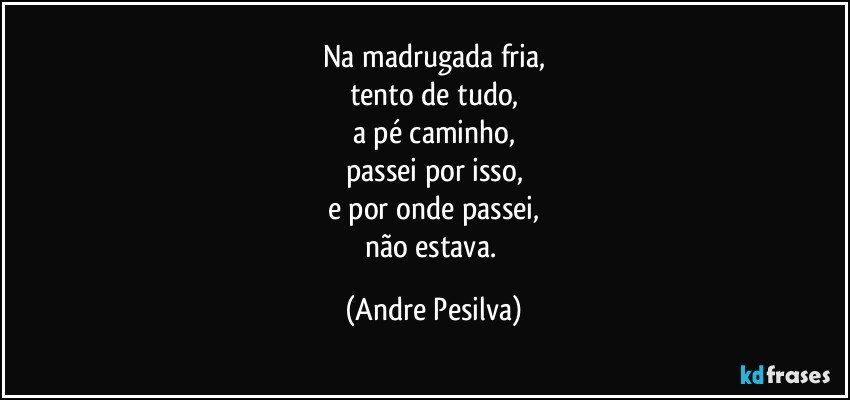 Na madrugada fria,
tento de tudo,
a pé caminho,
passei por isso,
e por onde passei,
não estava. (Andre Pesilva)