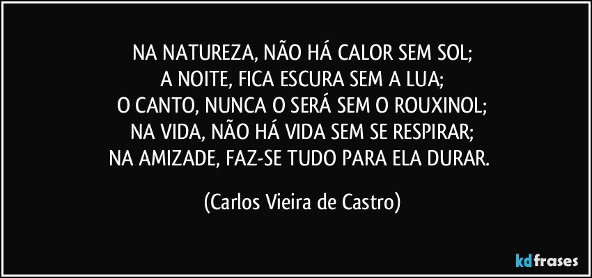 NA NATUREZA, NÃO HÁ CALOR SEM SOL;
A NOITE, FICA ESCURA SEM A LUA;
O CANTO,  NUNCA O SERÁ SEM O ROUXINOL;
NA VIDA, NÃO HÁ VIDA SEM SE RESPIRAR;
NA AMIZADE, FAZ-SE TUDO PARA ELA DURAR. (Carlos Vieira de Castro)