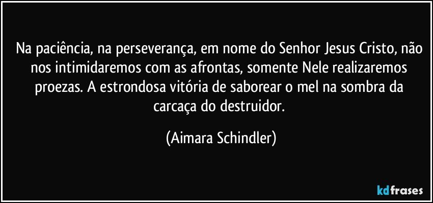 Na paciência, na perseverança, em nome do Senhor Jesus Cristo, não nos intimidaremos com as afrontas, somente Nele realizaremos proezas. A estrondosa vitória de saborear o mel na sombra da carcaça do destruidor. (Aimara Schindler)