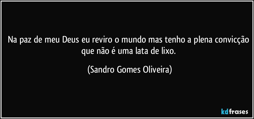 Na paz de meu Deus eu reviro o mundo mas tenho a plena convicção que não é uma lata de lixo. (Sandro Gomes Oliveira)