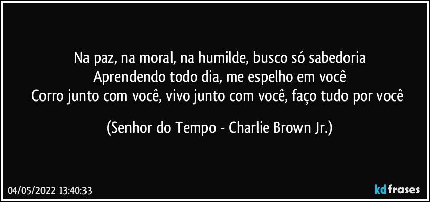 Na paz, na moral, na humilde, busco só sabedoria
Aprendendo todo dia, me espelho em você
Corro junto com você, vivo junto com você, faço tudo por você (Senhor do Tempo - Charlie Brown Jr.)