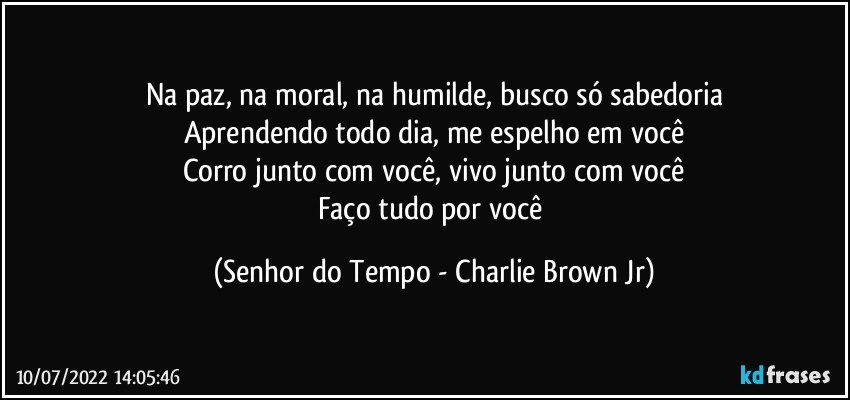 Na paz, na moral, na humilde, busco só sabedoria
Aprendendo todo dia, me espelho em você
Corro junto com você, vivo junto com você
Faço tudo por você (Senhor do Tempo - Charlie Brown Jr)