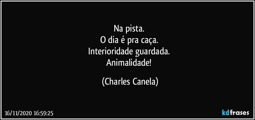 Na pista. 
O dia é pra caça. 
Interioridade guardada. 
Animalidade! (Charles Canela)