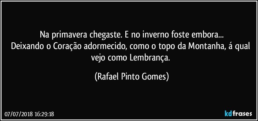 Na primavera chegaste. E no inverno foste embora...
Deixando o Coração adormecido, como o topo da Montanha, á qual vejo como Lembrança. (Rafael Pinto Gomes)