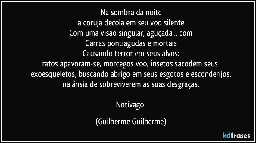 Na sombra da noite
a coruja decola em seu voo silente
Com uma visão singular, aguçada... com
Garras pontiagudas e mortais
Causando  terror em seus alvos:
ratos apavoram-se, morcegos voo, insetos sacodem seus exoesqueletos, buscando abrigo em seus esgotos e esconderijos.
na ânsia de sobreviverem as suas desgraças.

Notívago (Guilherme Guilherme)