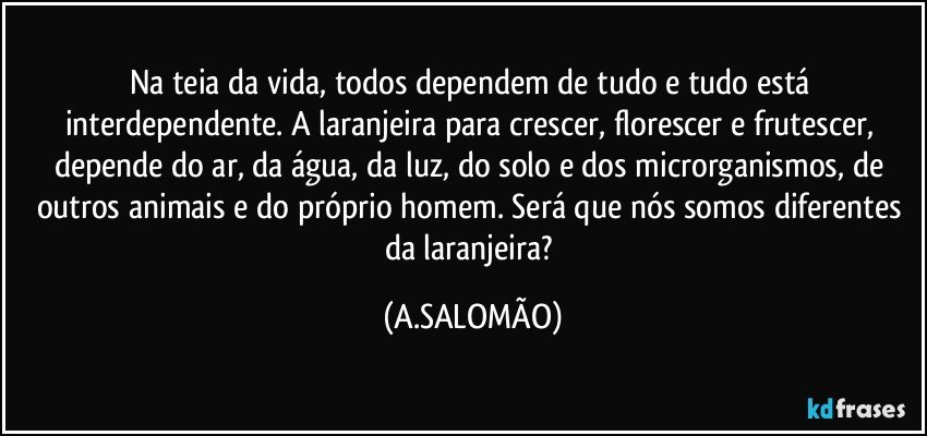 Na teia da vida, todos dependem de tudo e tudo está interdependente. A laranjeira para crescer, florescer e frutescer, depende do ar, da água, da luz, do solo e dos microrganismos, de outros animais e do próprio homem. Será que nós somos diferentes da laranjeira? (A.SALOMÃO)