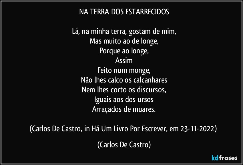 NA TERRA DOS ESTARRECIDOS

Lá, na minha terra, gostam de mim,
Mas muito ao de longe,
Porque ao longe,
Assim
Feito num monge,
Não lhes calco os calcanhares
Nem lhes corto os discursos,
Iguais aos dos ursos
Arraçados de muares.

(Carlos De Castro, in Há Um Livro Por Escrever, em 23-11-2022) (Carlos De Castro)