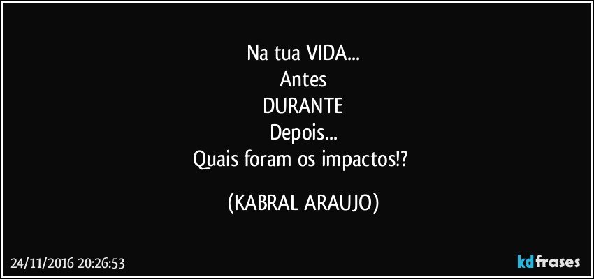 Na tua VIDA...
Antes
DURANTE
Depois...
Quais foram os impactos!? (KABRAL ARAUJO)