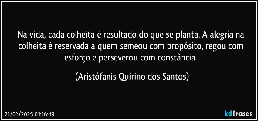 Na vida, cada colheita é resultado do que se planta. A alegria na colheita é reservada a quem semeou com propósito, regou com esforço e perseverou com constância. (Aristófanis Quirino dos Santos)