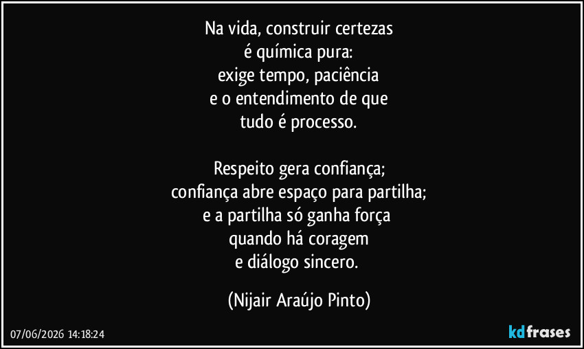Na vida, construir certezas
é química pura:
exige tempo, paciência
e o entendimento de que
tudo é processo.

Respeito gera confiança;
confiança abre espaço para partilha;
e a partilha só ganha força 
quando há coragem
e diálogo sincero. (Nijair Araújo Pinto)