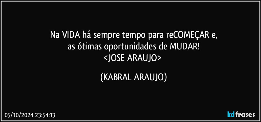 Na VIDA há sempre tempo para reCOMEÇAR e,
as ótimas oportunidades de MUDAR!
<JOSE ARAUJO> (KABRAL ARAUJO)