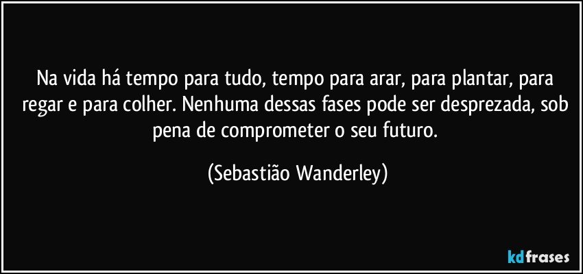 Na vida há tempo para tudo, tempo para arar, para plantar, para regar e para colher. Nenhuma dessas fases pode ser desprezada, sob pena de comprometer o seu futuro. (Sebastião Wanderley)