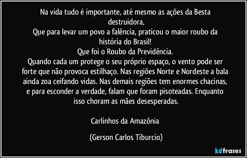 Na vida tudo é importante, até mesmo as ações da Besta destruidora,
Que para levar um povo a falência, praticou o maior roubo da história do Brasil! 
Que foi o Roubo da Previdência. 
Quando cada um protege o seu próprio espaço, o vento pode ser forte que não provoca estilhaço. Nas regiões Norte e Nordeste a bala ainda zoa ceifando vidas. Nas demais regiões tem enormes chacinas, e para esconder a verdade, falam que foram pisoteadas. Enquanto isso choram as mães desesperadas.

Carlinhos da Amazônia (Gerson Carlos Tiburcio)