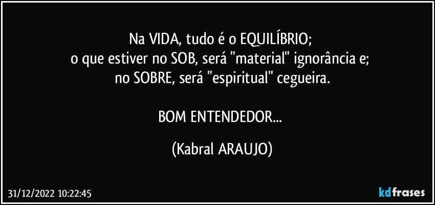 Na VIDA, tudo é o EQUILÍBRIO; 
o que estiver no SOB, será "material" ignorância e; 
no SOBRE, será "espiritual" cegueira.

BOM ENTENDEDOR... (KABRAL ARAUJO)