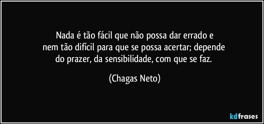 Nada é tão fácil que não possa dar errado e
nem tão difícil para que se possa acertar; depende 
do prazer, da sensibilidade, com que se faz. (Chagas Neto)