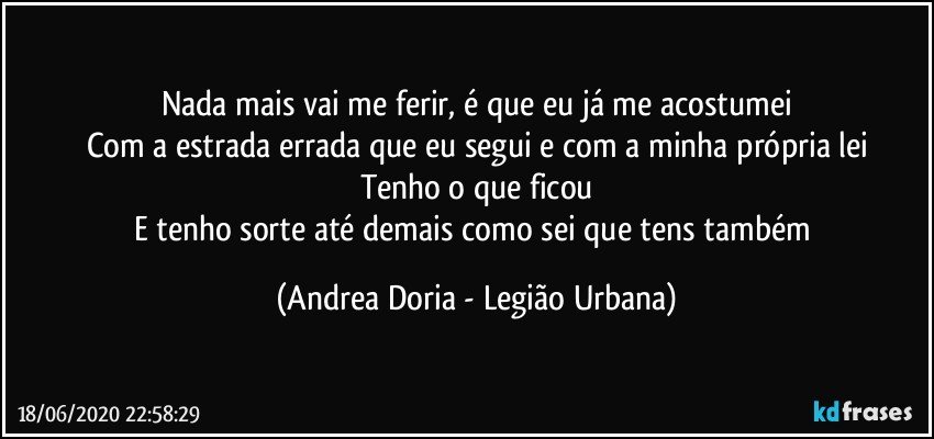 Nada mais vai me ferir, é que eu já me acostumei
Com a estrada errada que eu segui e com a minha própria lei
Tenho o que ficou
E tenho sorte até demais como sei que tens também (Andrea Doria - Legião Urbana)