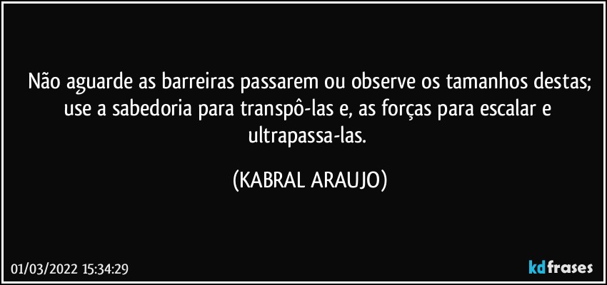 Não aguarde as barreiras passarem ou observe os tamanhos destas;
use a sabedoria para transpô-las e, as forças para escalar e ultrapassa-las. (KABRAL ARAUJO)