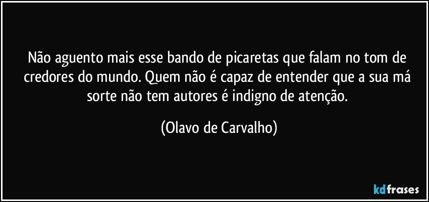 Não aguento mais esse bando de picaretas que falam no tom de credores do mundo. Quem não é capaz de entender que a sua má sorte não tem autores é indigno de atenção. (Olavo de Carvalho)