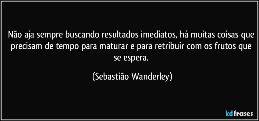 Não aja sempre buscando resultados imediatos, há muitas coisas que precisam de tempo para maturar e para retribuir com os frutos que se espera. (Sebastião Wanderley)