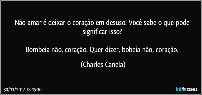 Não amar é deixar o coração em desuso. Você sabe o que pode significar isso? 

Bombeia não, coração. Quer dizer, bobeia não, coração. (Charles Canela)