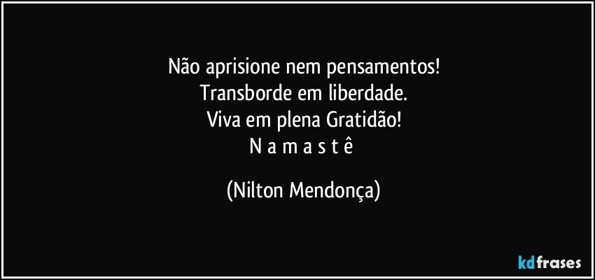 Não aprisione nem pensamentos!
Transborde em liberdade.
Viva em plena Gratidão!
N a m a s t ê (Nilton Mendonça)