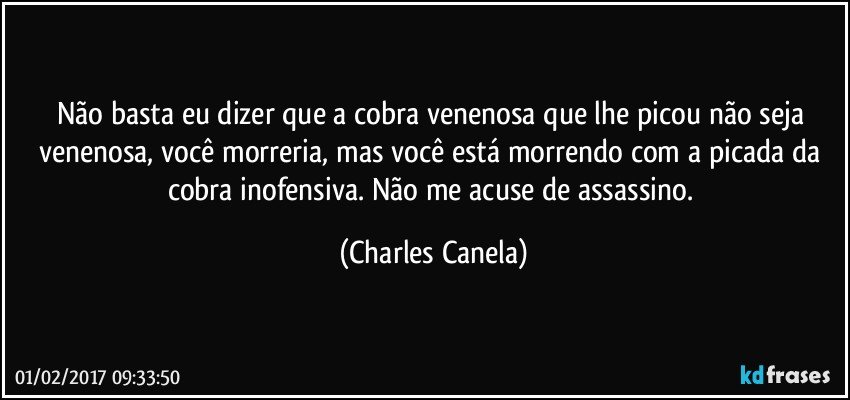 Não basta eu dizer que a cobra venenosa que lhe picou não seja venenosa, você morreria, mas você está morrendo com a picada da cobra inofensiva. Não me acuse de assassino. (Charles Canela)