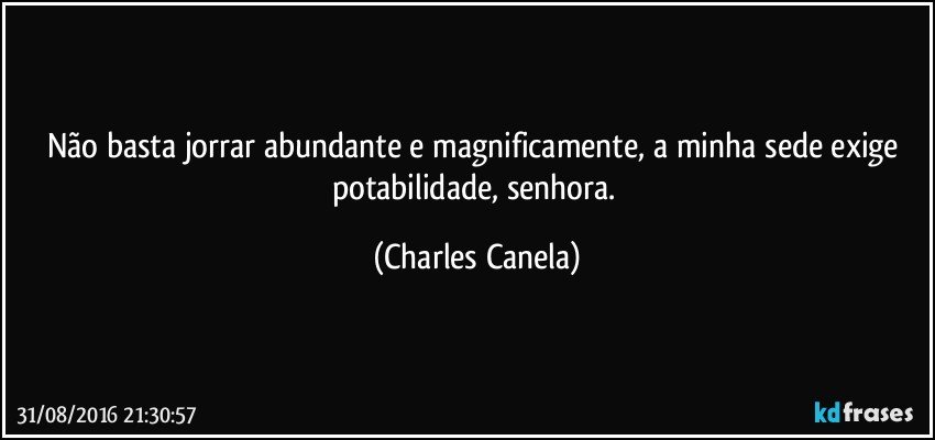 Não basta jorrar abundante e magnificamente, a minha sede exige potabilidade, senhora. (Charles Canela)